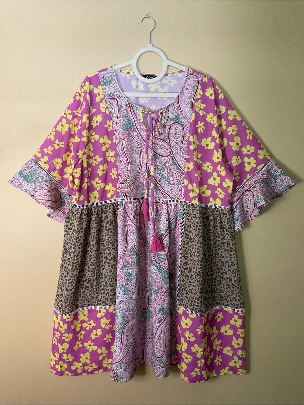 Women’s ODDY Pink & Yellow Boho Paisley Patchwork Dress